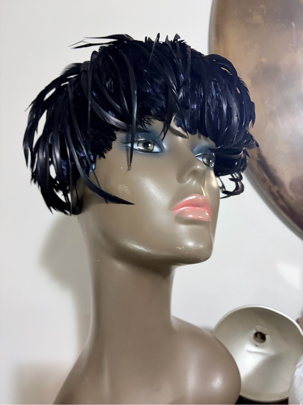 Dior Short Black Feathered Cocktail Hat with Subtle Blue Sheen